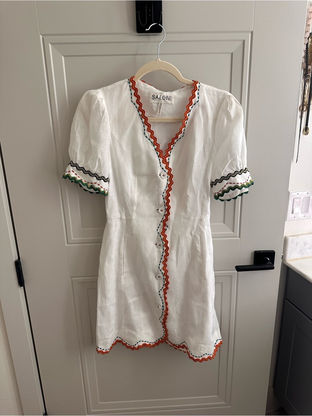 SALONI White Linen Mini Dress with Orange, Green & Black Trim
